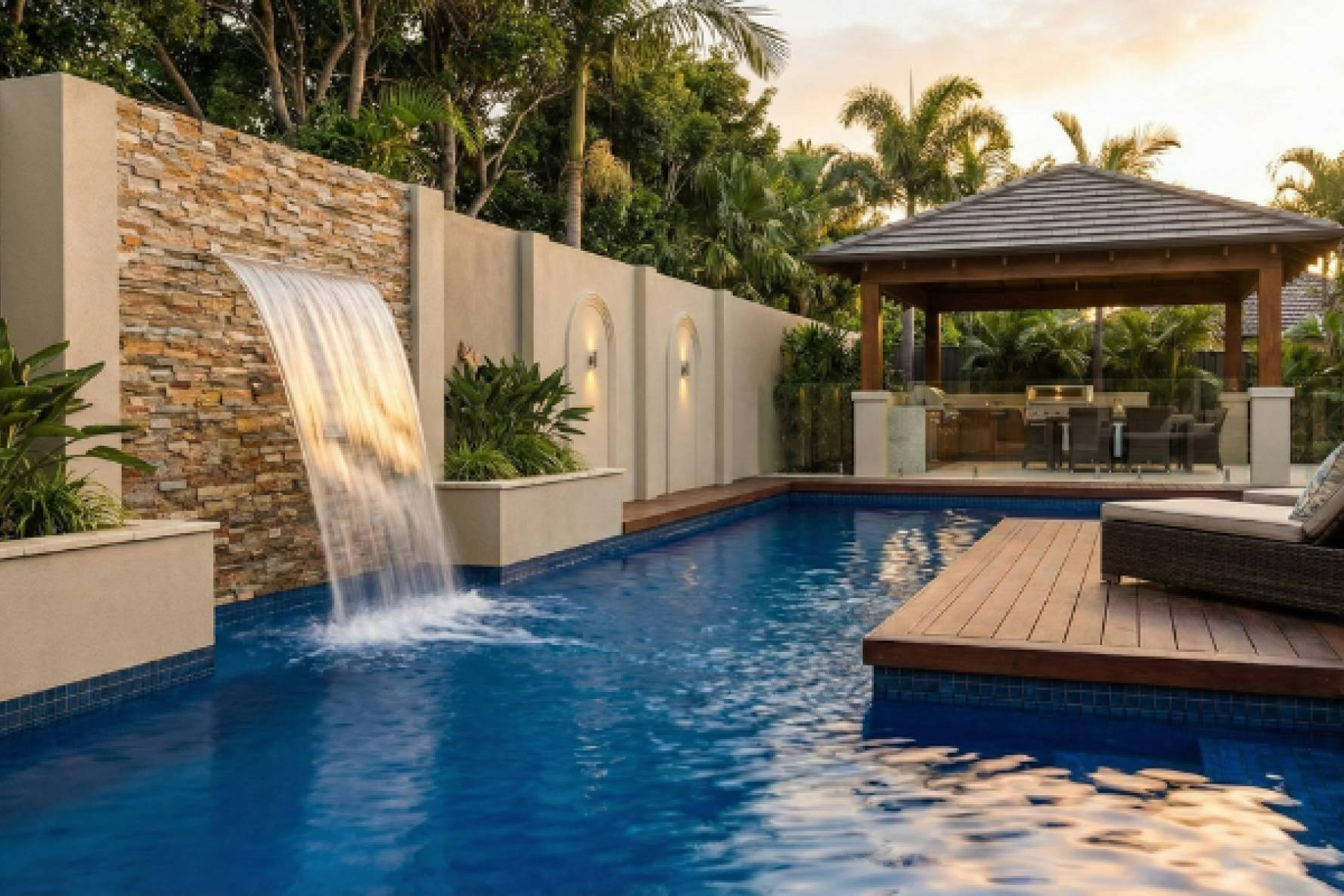 Cascadas acrílicas para piscina, innovación estética y resistencia en la oferta de Swimhome